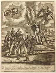 Alegorie Svaté ligy z roku 1571 stanovená papežem Piem V., Filipem Španělským a benátským dóžem Alvisem Mocenigo, rytina Giacoma Franca (1556-1620)