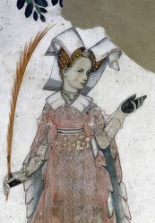 Zobrazení markýze ze Saluzza a jejich manželek jako historických a mytologických hrdinů a hrdinek. Detail: Marguerite de Roussy, manželka Tommase III. jako Teuca. 1418-30