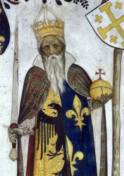 Zobrazení markýze ze Saluzza a jejich manželek jako historických a mytologických hrdinů a hrdinek. Detail: Manfredo III. jako Karel Veliký. 1418-30