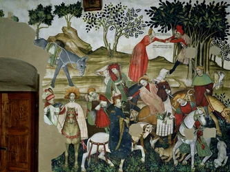 Fontána života, detail zobrazující návrat k fontáně, 1418-30
