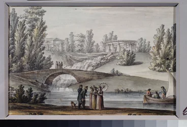 Apollónův chrám a vodopád v parku Pavlovsk (Saint Petersburg). Dílo Giacoma Antonia Domenica Quarenghiho (1744-1817), tuš a akvarel na papíře, cca 1800. Italské umění