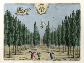 Ilustrace k opeře o 5 dějstvích „La finta pazza““ (La Folle supposee) od Francesca Sacratiho. Rytina Jacopo Torelli