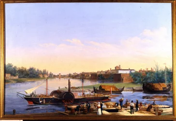 Pohled na přístav Pavia (Pavia) na Pádu a parník Principessa Clementina””””” Obraz Giacoma Trecourta (1812-1882) 19. stol.