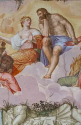 Juno a Jupiter ležící na oblacích, nad architektonickými ruinami, detail komnaty Olympu, kolem 1557 (freska)