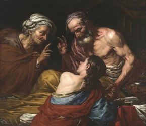 Isaac benit Jacob - Izák žehná Jacobovi, Langetti, Giovan Battista (1635-1676). Olej na plátně, mezi 1660 a 1670. Rozměr: 109x126 cm. Muzeul National Brukenthal, Sibiu