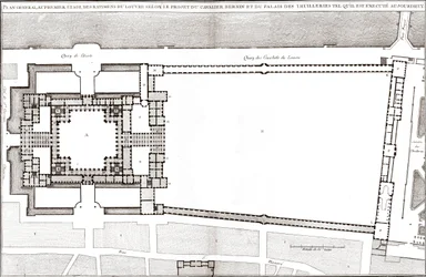 Obecný plán navazující na Berninův projekt pro Louvre a Tuileries ve „Francoise Architecture““ od Jacquese-Francoise Blondela