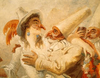 Karneval od Giandomenico Tiepolo (1727-1804), freska, detail se třemi maskami, Ca 