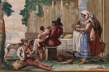 Rolnická rodina u stolu, z pokoje rustikálních scén, v Foresteria (hostinec) 1757 (freska)