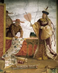 Čínský obchodník s textilem, od Giandomenico Tiepolo (1727-1804), freska, Čínský pokoj ve Foresteria (dům pro hosty), Villa Valmarana 
