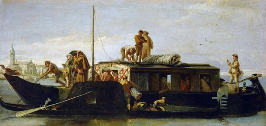 Baroko: Poštovní člun - Poštovní člun (Il Burchiello) od Tiepola, Giandomenico (1727-1804), cca 1764-1765. Olej na plátně, 38x78,3. Uměleckohistorické muzeum, Vídeň