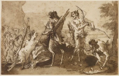 Satyrs and Satyresses in a Landscape, cca 1770 (pero a železný inkoust s hnědou a šedou barvou na položeném papíře)