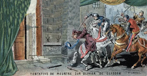 Pokus o vraždu Oliviera V. de Clisson (1336-1407), francouzského konstábla. Ilustrace Gilberta, konec 19. století.