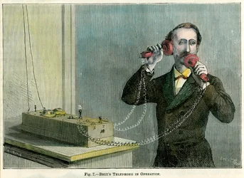 Zvonový telefon v provozu, konec 19. století.