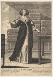 Aritmetika: mladá žena stojící u stolu, držící list s vepsanými čísly i..., 1633-35.