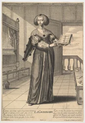 Gramatika: mladá žena stojící ve vyzdobeném interiéru držící v levici otevřenou knihu..., 1633-35.