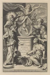 Biblické postavy odhalují portrét Mojžíše Titulní strana pro Wilhelmus Goeree, Přípravy na biblickou moudrost a použití posvátných a církevních dějin, 1690