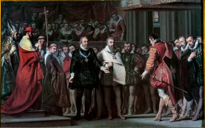 Filip II. Španělský uznává Jindřicha IV. za krále Francie Obraz Gillota Saint Evre (1791-1858) 1837 Sun. 0,17x0,71 m
