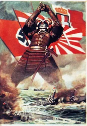 Japonští samurajové potápějí americkou flotilu v Pearl Harboru (7. prosince 1941), plakát Gina Boccasileho (1901-1952), druhá světová válka, Itálie, 20. století