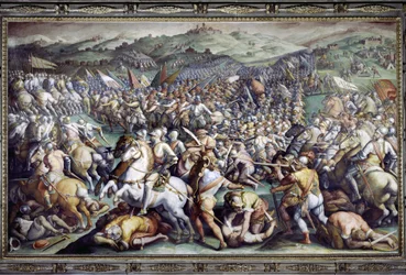 Bitva u Scannagalla ve Valdichianě (Val di Chiana). Freska od Giorgia Vasariho a jeho ateliéru (1511-1574). Palazzo Vecchio (Salone dei Cinquecento)