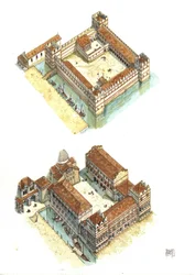 Letecký pohled na fáze výstavby Dóžecího paláce (neboli Knížecího paláce nebo Palazzo Ducale) na náměstí svatého Marka v Benátkách v 7. a 12. století. Itálie