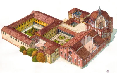 Pohled na kostel Santa Maria delle Grazie, založený v roce 1463 dominikány v italském Miláně. V refektáři je patrná Cene Leonarda de Vinci (Cenacolo).