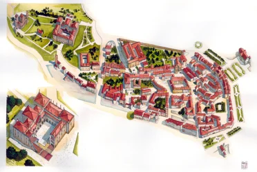 Pohled na město Guimaraes: vlevo hrad a klášter z 11. století. Portugalsko. Ilustrace: Giorgio Albertini. (Užití díla tohoto autora není podmíněno žádostí o autorizaci třetí osoby ani t