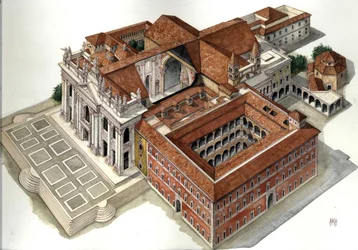Barokní architektura: rekonstrukce baziliky svatého Jana Lateránského (Saint John Laterano nebo San Giovanni in Laterano) (17.-18. století) Řím Ilustrace Giorgio Albertini. (Užití díla tohoto autora není podmíněno žádostí o autorizaci.