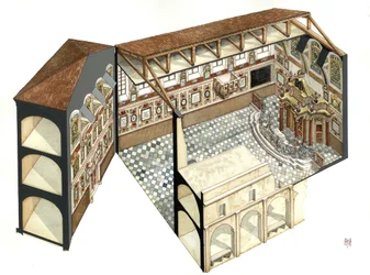 Barokní umění: rekonstrukce architektonické struktury synagogy v Casale Monferrato (Casal) u Alessandrie (Alexandrie), Itálie.