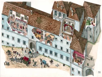 Barokní umění: pohled a architektonická část paláce Chigi a Ariccia, Lazio, v 17. století. Je vidět interiér rodinných pokojů a dependance služebnictva. Itálie