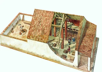 Byzantská architektura: rekonstrukce skladu Class, skladiště v oblasti doků Classe, přístav města Ravenna (Ravenna) v době císaře Justiniána. Itálie 7. století. Část budovy umožňuje prohlédnout si uskladněné zboží.