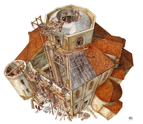 Byzantské umění: vyobrazení staveniště baziliky svatého Vitala (Saint Vital nebo San Vitale) v Ravenně v 5. století. Aeriánský pohled zobrazující dělníky na lešení pracující na rámu kopule. Itálie Ilustrace: Giorgi