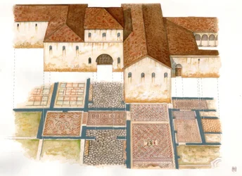 Byzantské umění: pohled na lokalitu Domus kamenných koberců (dei tappeti di pietra) v Ravenně (Ravenna) v 6. století, složenou z mozaiky byzantského paláce.