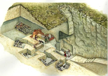 Etruská civilizace: rekonstrukce a řez hrobkou Francois de Vulci. 3. století př. n. l. Itálie