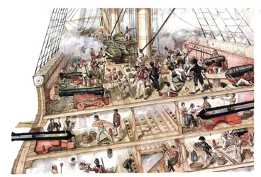 Napoleonská válka: bitva u Trafalgaru, která se odehrála 21. října 1805 mezi francouzsko-španělskou flotilou pod velením admirála Villeneuvea a britskou flotilou pod velením viceadmirála Nelsona. Příčný řez lodí zobrazující interiér, s