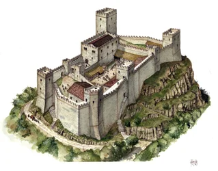 Středověká architektura: rekonstrukce hradu Canossa v 11. století, v době, kdy se zde uchýlili hraběnka Matylda z Canossy (nebo hraběnka Matylda Toskánská) (1046-1115) a papež Řehoř VII. (1015/20-1085). Itálie. Ilustrace Gior