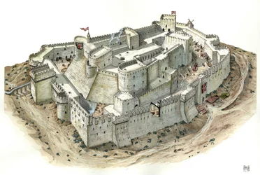 Středověk: letecký pohled na rytířský Krak (Qala