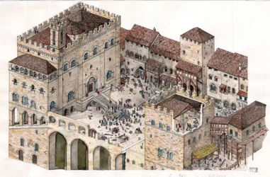 Středověk: letecký pohled na centrální náměstí města Gubbio (Umbrie) v Itálii ve 14. století. Vlevo je vidět palác konzulů.