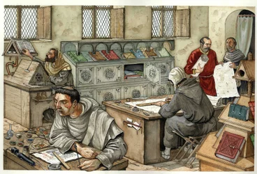 Středověk: mniši přepisující rukopisy ve skriptoriu ve 13. století. ilustrace Giorgio Albertini.