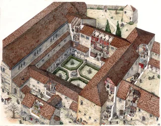 Středověk: obnovení kláštera a život jeptišek nebo mnichů. Střihy umožňují nahlédnout do vnitřních scén. Ilustrace: Giorgio Albertini. (Užití díla tohoto autora není podmíněno žádostí o autorizaci třetí osoby o