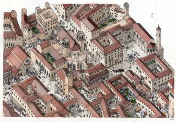 Středověk: obnovení historické čtvrti Barri Gotic (barrio gotico) v Barceloně ve 14. století. Je zde vidět katedrála svaté Eulálie (Cathedrale Sainte-Eulalie). Španělsko Ilustrace: Giorgio Albertini. (Použití děl tohoto autora není pod