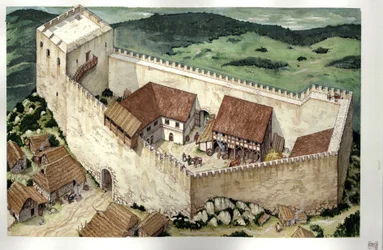 Středověk: rekonstrukce katarského hradu Montsegur (dokončeného ve 13. století), Ariege, Francie.
