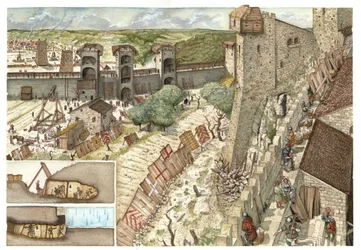 Středověk: obléhání města Viterbo (Viterbo) nedaleko Říma, po němž v roce 1240 toužili Guelfové, stoupenci papeže, a Gibelini, stoupenci vojska císaře Fridricha II. Hohenstaufena (1194-1250). Itálie. Vlevo dole je popis
