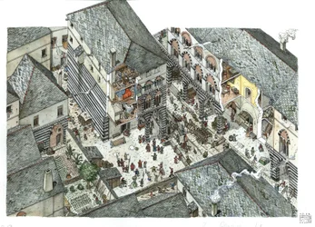 Středověk: pohled na palác kupecké šlechty (Curia nebo curia) v Genesu v 15. století, pouliční scény, Itálie Ilustrace Giorgio Albertini.