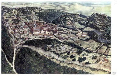 Středověk: pohled na středověké město Volterra obehnané hradbami v 10. století. Toskánsko. Itálie Ilustrace: Giorgio Albertini. (Užití díla tohoto autora nepodléhá žádosti o autorizaci třetí strany ani t