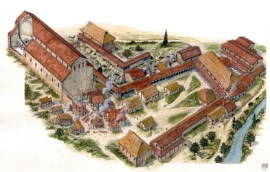 Prerománské umění: pohled na klášter blahoslavenství svatého Vincence (Abbadia di San Vincenzo al Volturno) založený v 8. století. Castel san Vincenzo, Itálie Ilustrace: Giorgio Albertini. (Použití díla tohoto autora