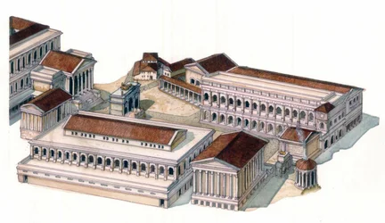 Římská antika: rekonstrukce římského fóra (foro romano) v době císaře Augusta (Caius Julius Caesar Octavianus Augustus) (63 př. n. l. - 14 n. l.).