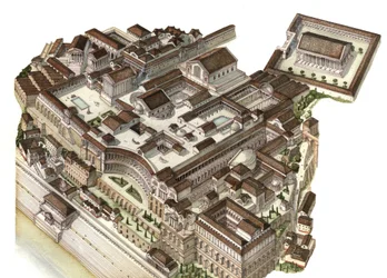 Římský starověk: rekonstrukce Palatinu (Palatinského pahorku) ve 4. století, kde následní císaři Augustus, Nero a Septimius Severus vybudovali své paláce. Řím, Itálie