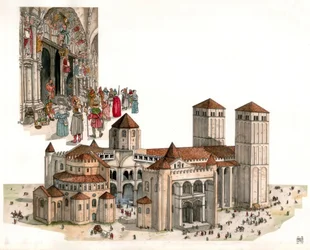 Románské umění: přehled katedrály v Santiagu de Compostela postavené v 11. a 12. století ve španělském městě Santiago de Compostela.