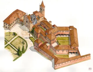 Románsko-gotické umění: pohled na stavbu opatství Viboldone postaveného v letech 1176-1348 v San Giuliano Milanese u Milána, Itálie Ilustrace Giorgio Albertini. (Užití díla tohoto autora nepodléhá žádosti o autorizaci.