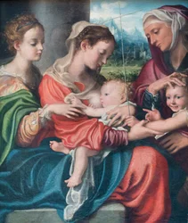 Madona krmící Dítě, mladého svatého Jana a svatou Marii Magdalénu a Alžbětu, asi 1530 (olej na plátně)